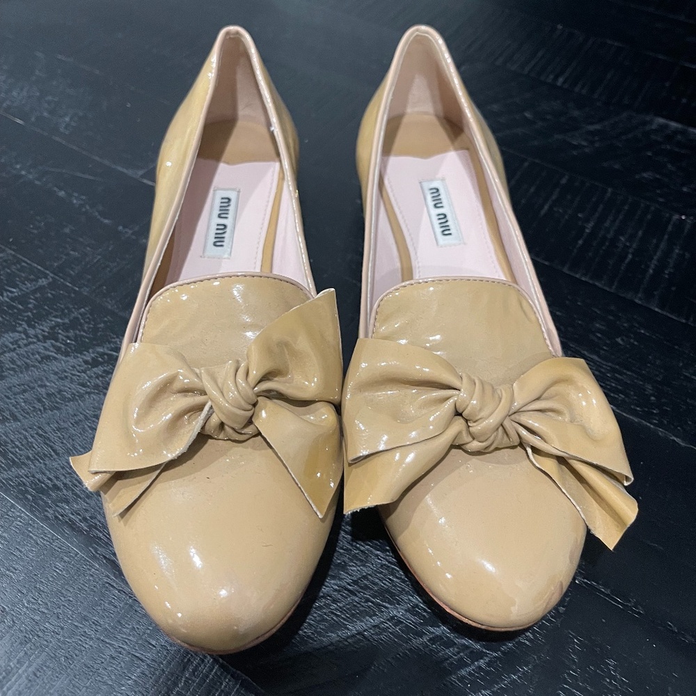 Miu Miu Nude Patent Bow Balerina Flats Size 37.5